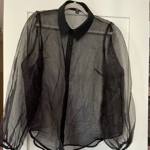 Plus Size Puff Sleeve Organza Button Down